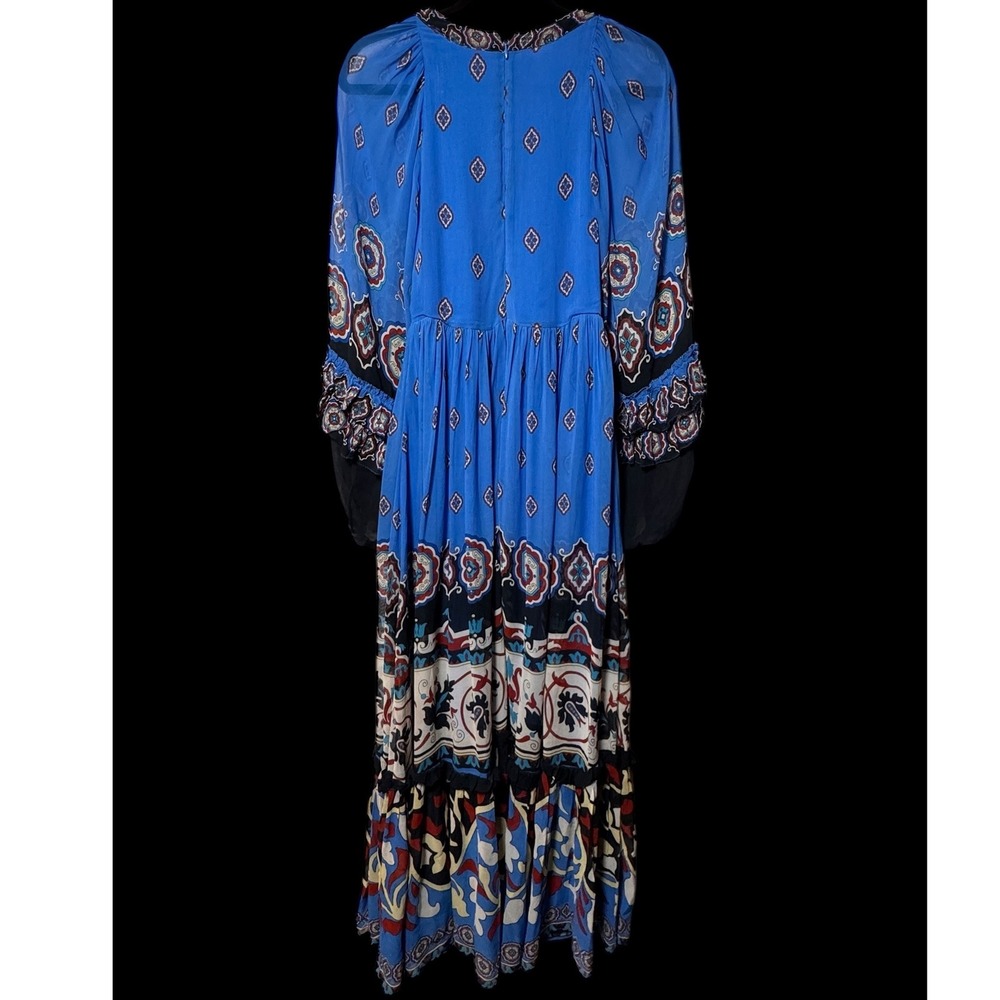 FARM Rio Ainika Tiles Maxi Dress Blue Long Sleeve V Neck Tiered Flowy - Picture 4 of 14